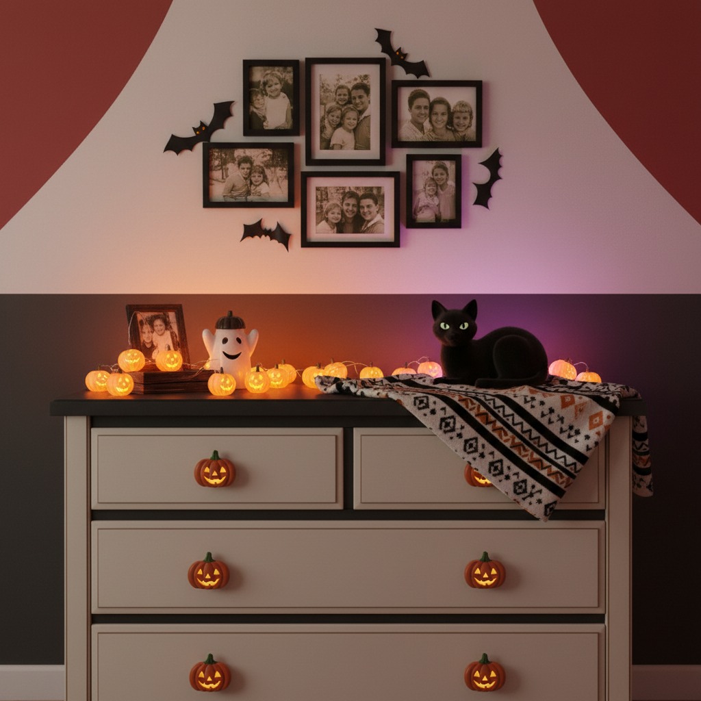 Una cómoda blanca con tiradores en forma de calabaza y decoración de Halloween, incluyendo una cadena de luces LED con forma de calabazas y un gato negro de peluche.