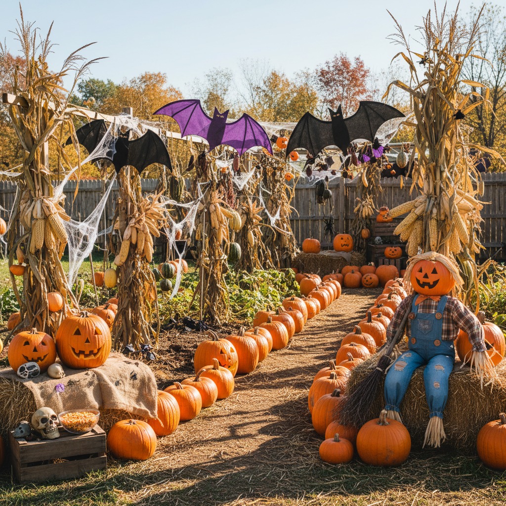 Un espantapájaros con cabeza de calabaza y un sombrero de paja está sentado sobre una paca de heno junto a un sendero lleno de calabazas y decoración de Halloween al aire libre.