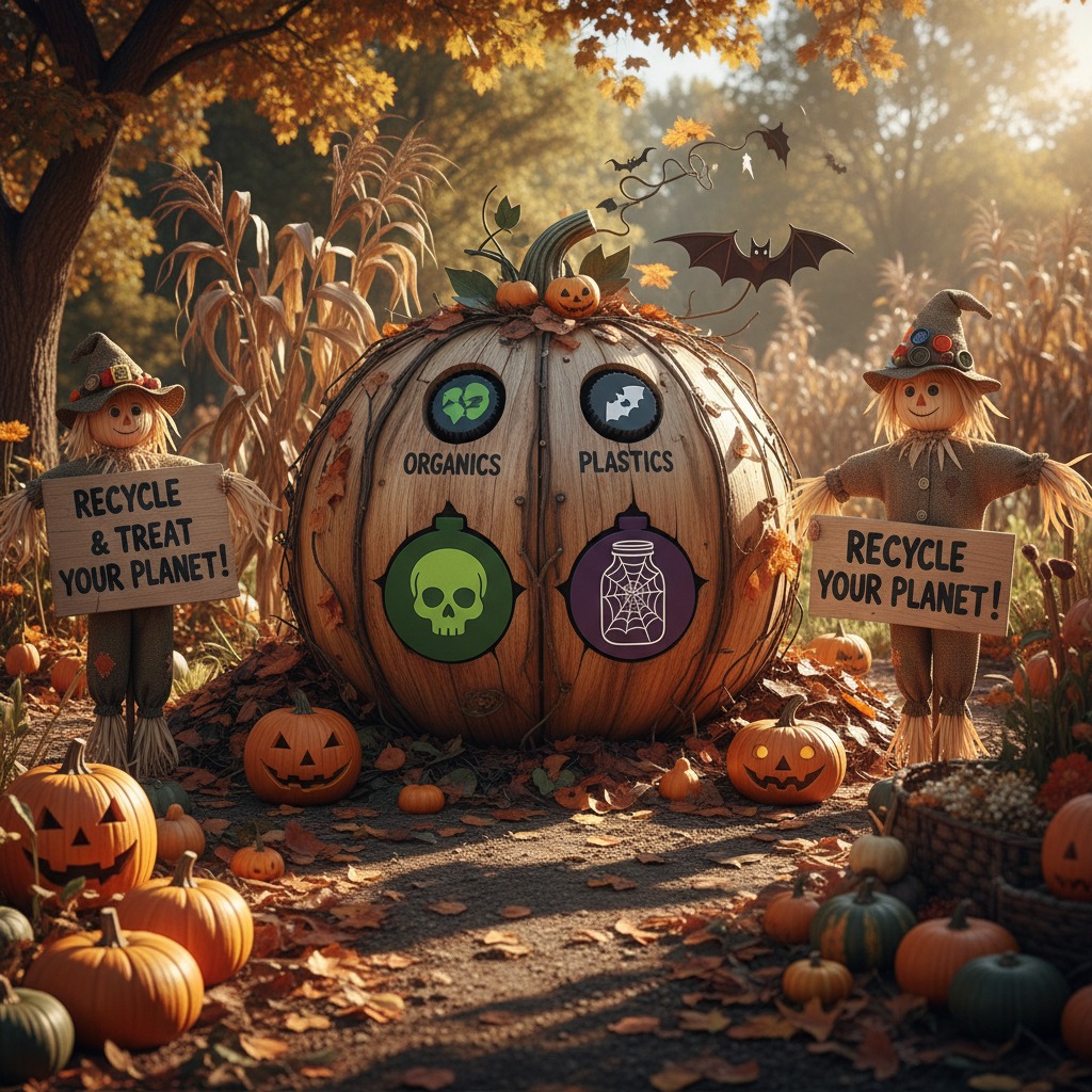 Un gran contenedor de reciclaje con forma de calabaza y dos espantapájaros en un campo de otoño.