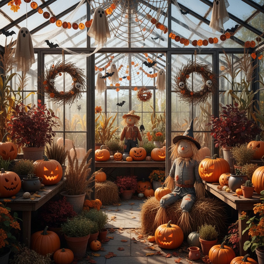 Un invernadero de cristal decorado para Halloween con calabazas iluminadas, espantapájaros, guirnaldas de hojas y fantasmas colgantes.