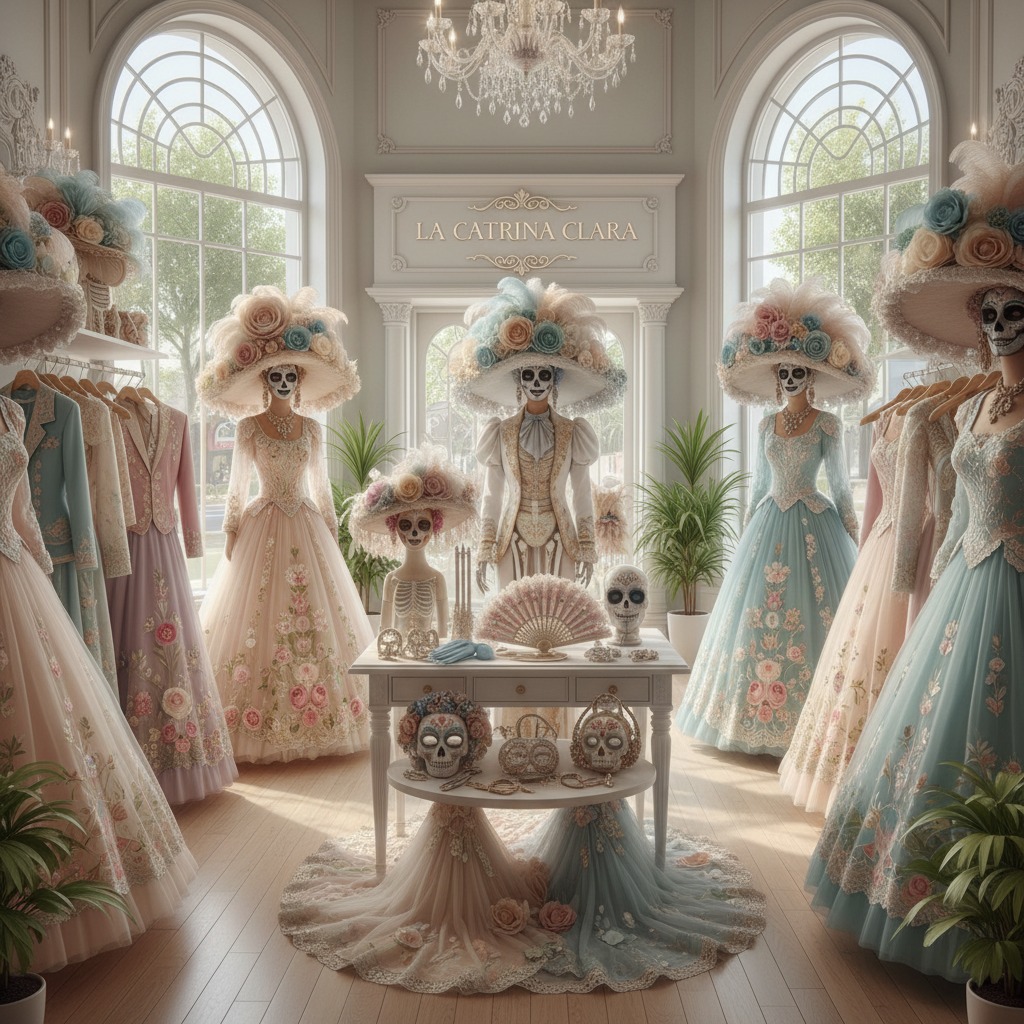 Moda Circular Varios maniquíes con maquillaje de catrina y vestidos de época victoriana se exhiben en el interior de una elegante tienda de moda con grandes ventanales.