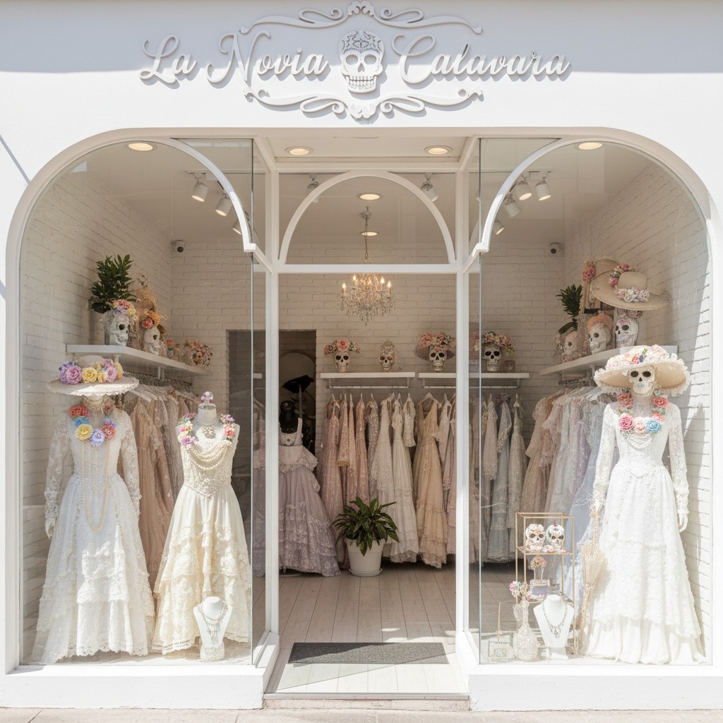 Moda Circular Escaparate de una tienda de vestidos de novia con maniquíes adornados con calaveras y flores.