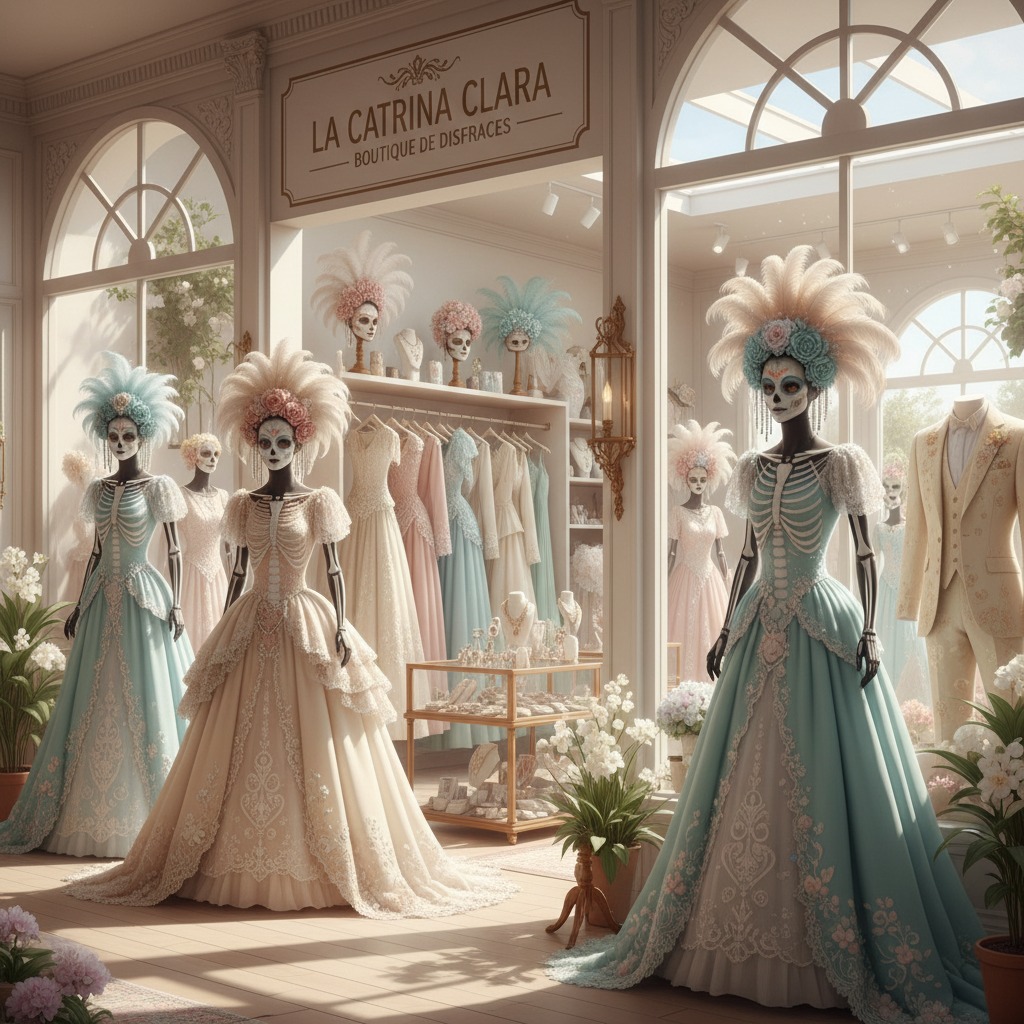Moda Circular Maniquíes con maquillaje de catrina y vestidos elegantes en el interior de la tienda La Catrina Clara.
