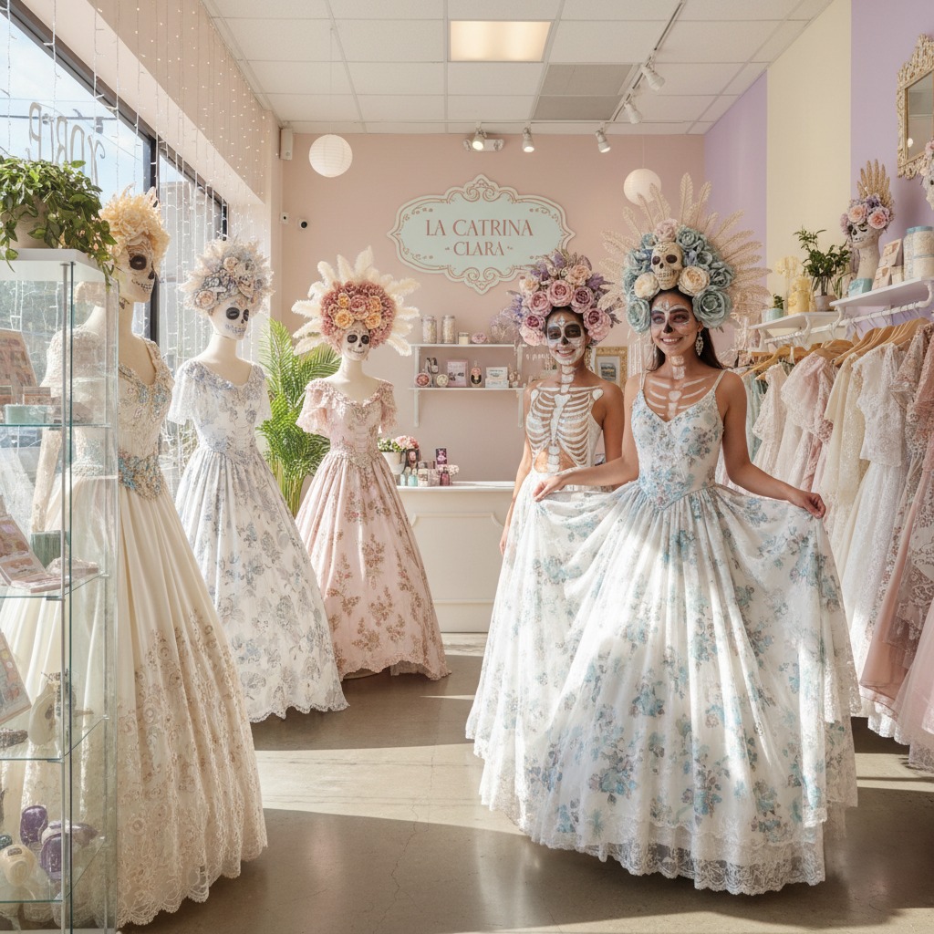 Moda Circular Dos mujeres con maquillaje de catrina y vestidos de novia florales posan en una tienda, acompañadas de tres maniquíes vestidos de manera similar.
