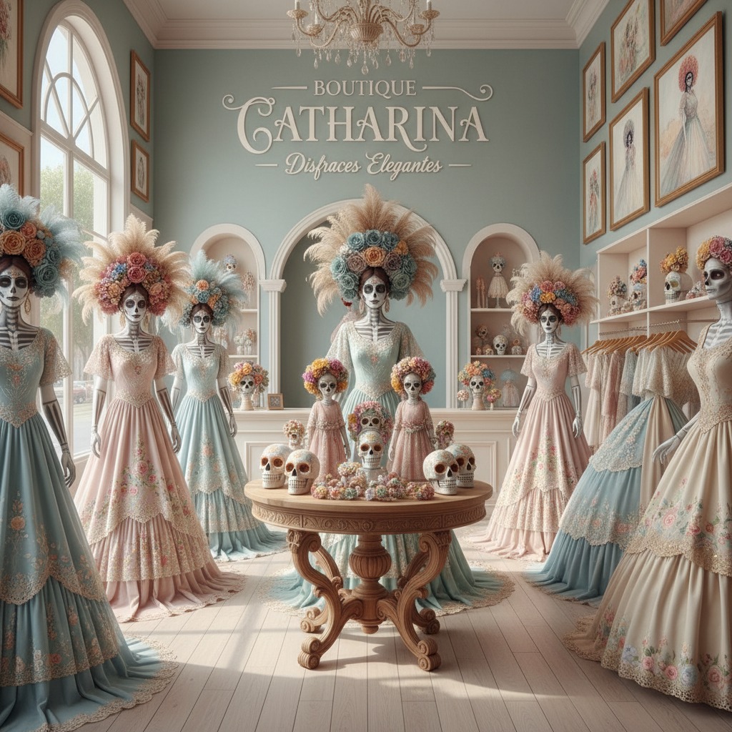 Moda Circular Maniquíes con rostros de calavera y vestidos elegantes inspirados en el Día de los Muertos se exhiben en el interior de la boutique Catharina.