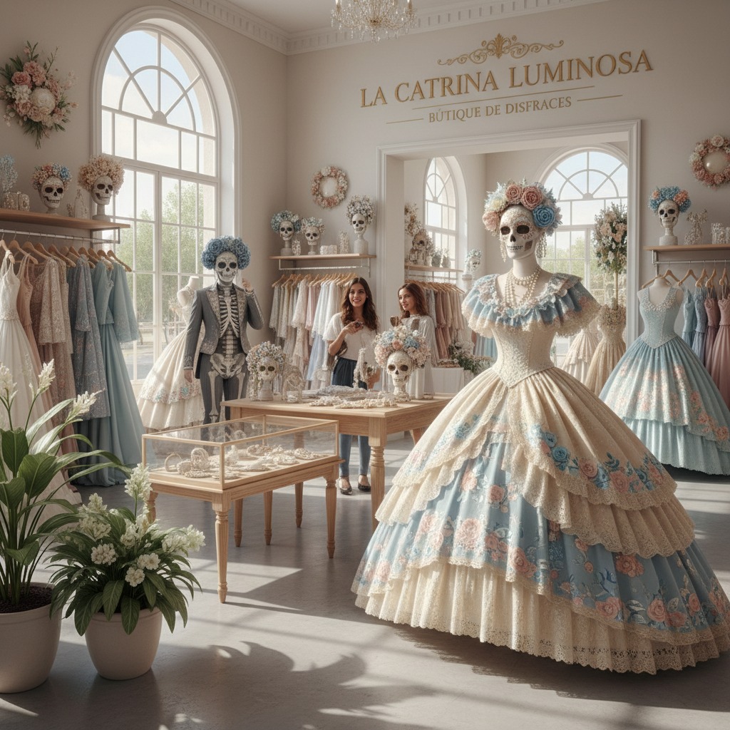 Moda Circular El interior de una elegante tienda de disfraces en México con vestidos inspirados en la Catrina, estanterías con ropa y dos maniquíes caracterizados de calavera.