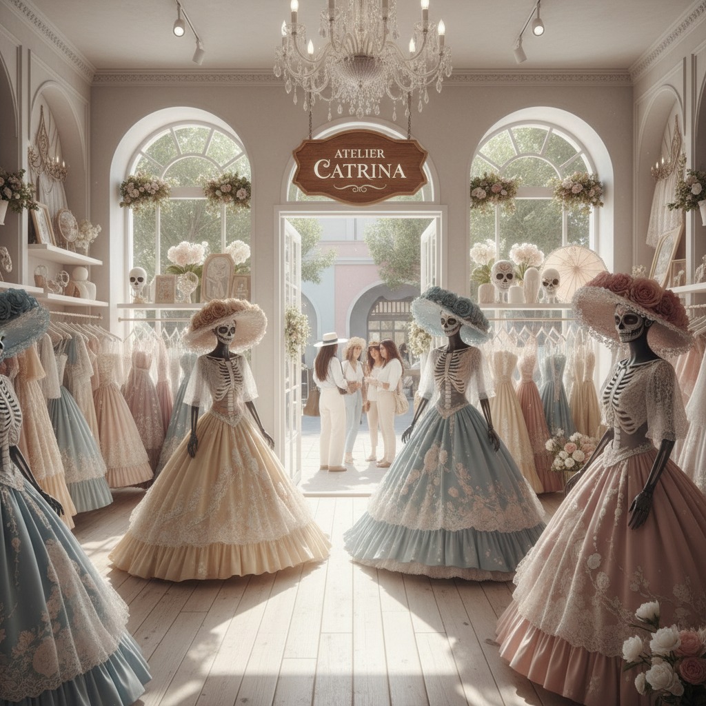 Moda Circular Interior de una elegante boutique de vestidos con maniquíes que representan catrinas con vestidos largos y elegantes de época.
