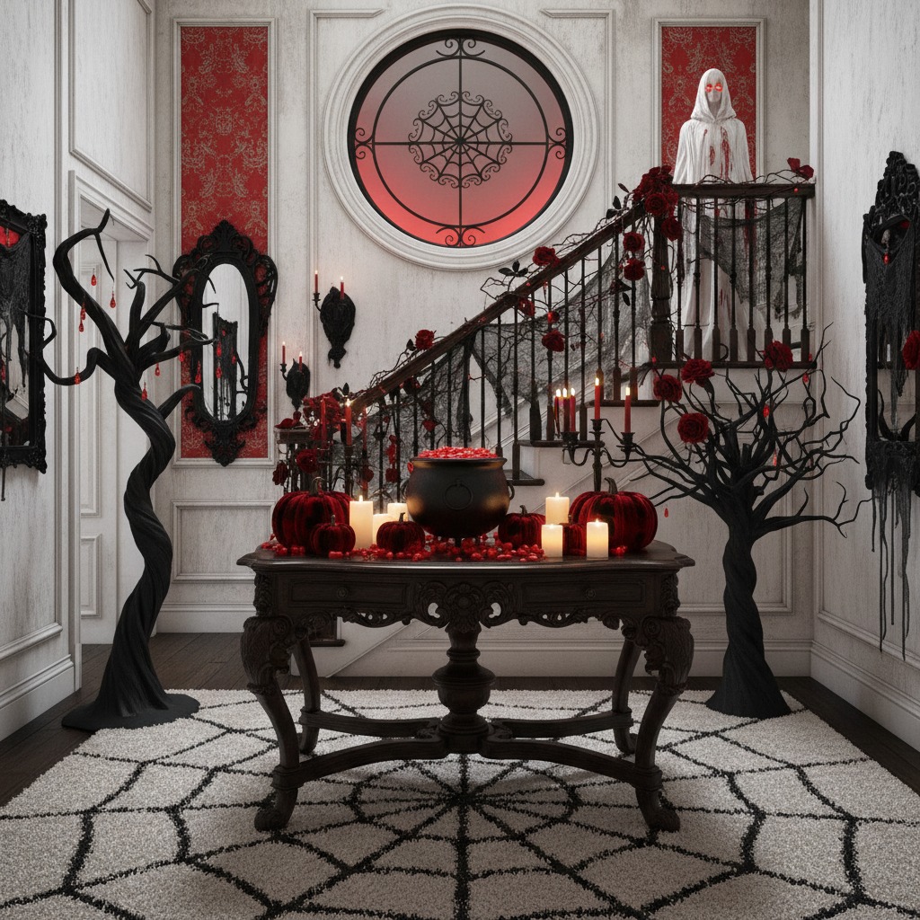 Un recibidor decorado para Halloween con una mesa central llena de velas y un caldero, rodeada de árboles negros, una escalera con una figura fantasmal y alfombra de telaraña.