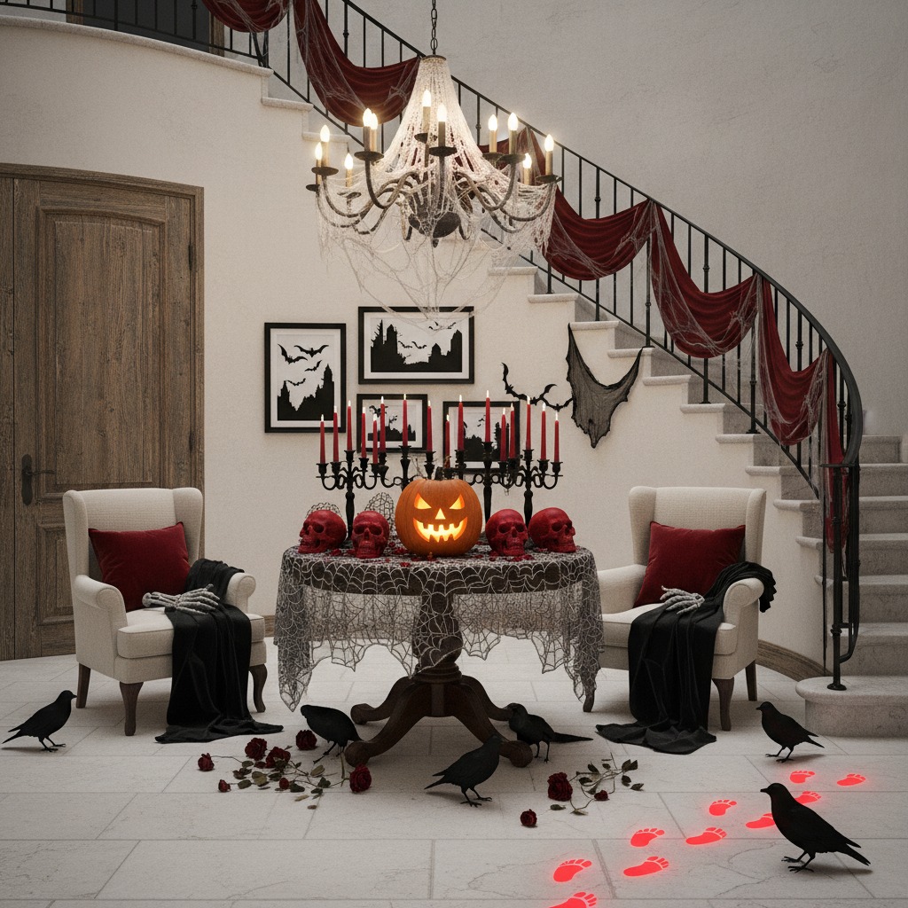Una mesa decorada para Halloween en un vestíbulo, con una calabaza iluminada, calaveras rojas, velas y cuervos alrededor en el suelo.