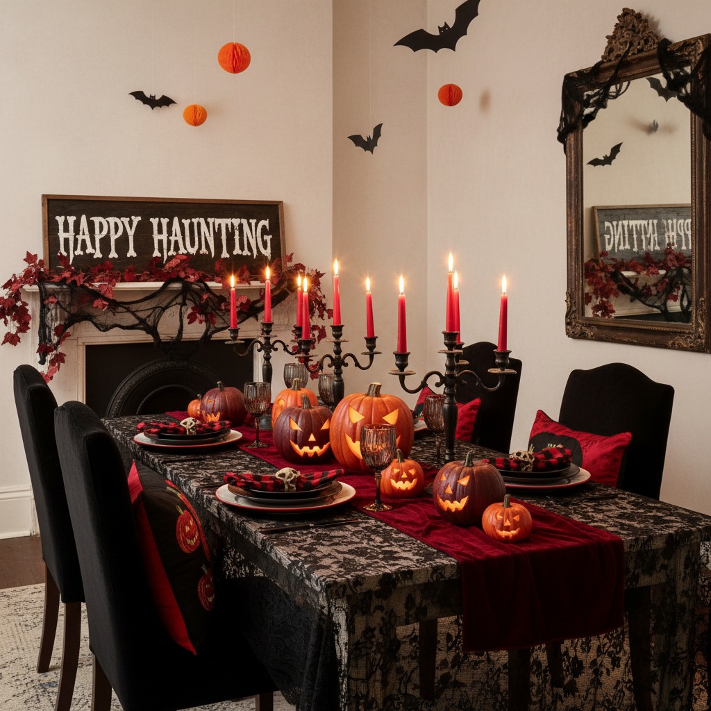 Mesa de comedor decorada para Halloween con un mantel de encaje negro, un camino de mesa rojo, velas encendidas en candelabros y calabazas talladas.