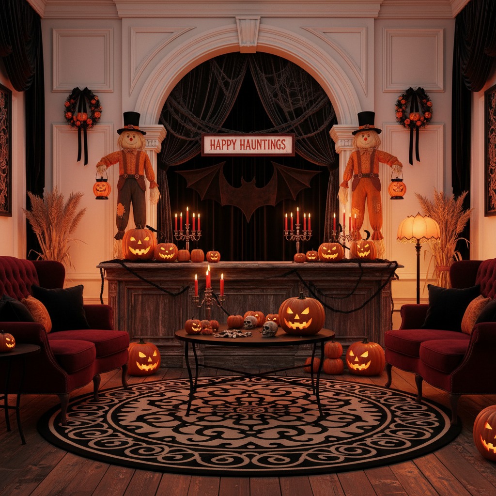 Una habitación decorada para Halloween con una mesa central, dos espantapájaros, sillones rojos y numerosas calabazas iluminadas.