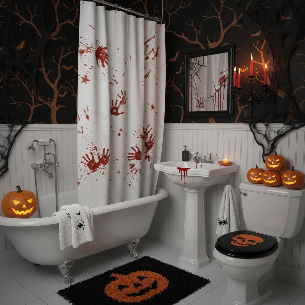 Un baño decorado para Halloween con una cortina de ducha con manchas de sangre y huellas rojas de manos, calabazas talladas iluminadas y papel pintado con motivos oscuros de árboles.
