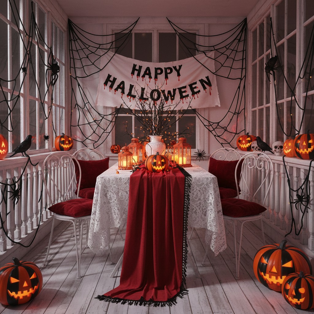 Un porche acristalado decorado para Halloween con calabazas iluminadas, telarañas negras y una mesa puesta con un mantel rojo.