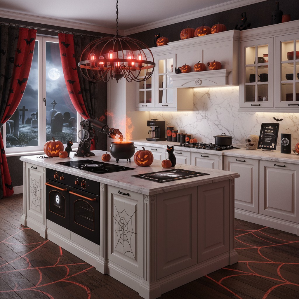 Una cocina blanca decorada para Halloween con calabazas talladas, telarañas en la isla y una ventana que muestra un cementerio bajo la luna llena.