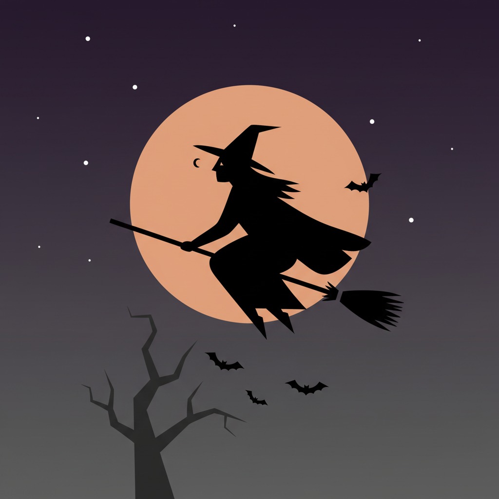 Una silueta de bruja con sombrero puntiagudo y capa vuela en escoba frente a una luna llena y un cielo estrellado.